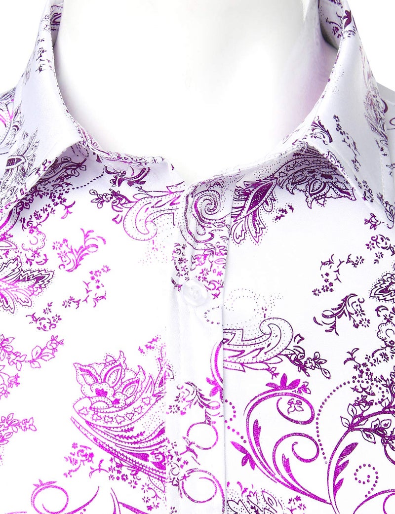 ZEROYAA Men's Luxury Paisley Dress Shirt Shiny Floral Printed Button Down Shirts for Party Prom ZLCL18 White Purple X-Large - Image 3